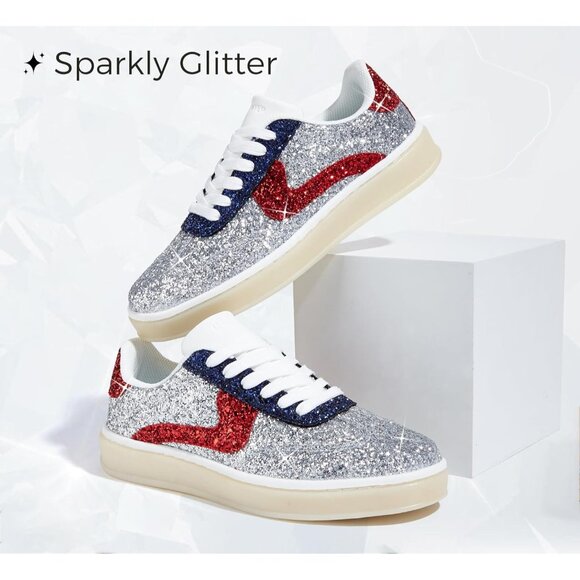 Lucky Step Women Silver Red Sparkly Bling Shiny Dressy Bedazzled Bridal Sneakers - Picture 2 of 9